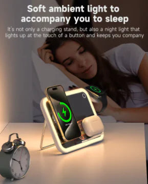 Multifunction For MagSafe Wireless iPhonee iWatch AirPodss Charger with LED Touch Dimmable Night Light Makeup Mirror All in One