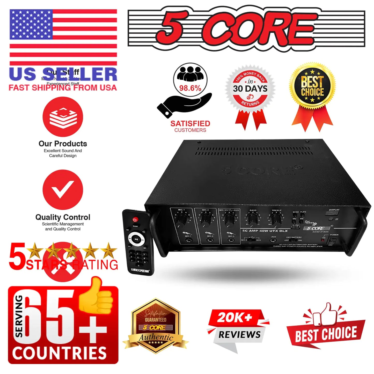 5CORE Power Amplifier 40W RMS 300W Peak With USB AUX 3 Mic Input Stereo Receiver