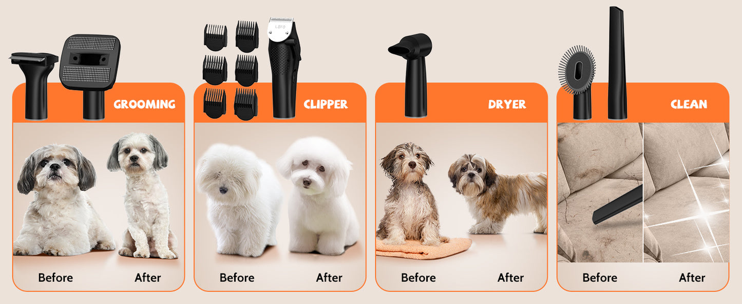 Dog Grooming Kit Low Noise Wholesale Pet Hair Vacuum Cleaner Dog Dryer Removal Brush with 6 Pet Grooming Tools, black+white