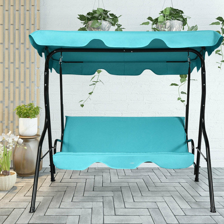 3 Seat Outdoor Patio Canopy Swing with Cushioned Steel Frame