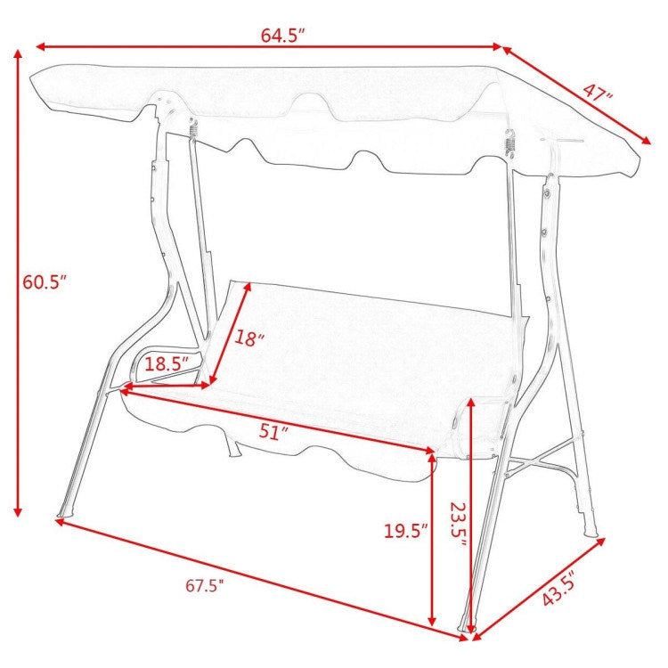 3 Seat Outdoor Patio Canopy Swing with Cushioned Steel Frame