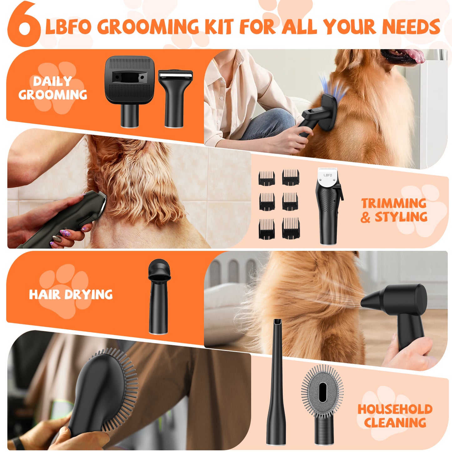 Dog Grooming Kit Low Noise Wholesale Pet Hair Vacuum Cleaner Dog Dryer Removal Brush with 6 Pet Grooming Tools, black+white