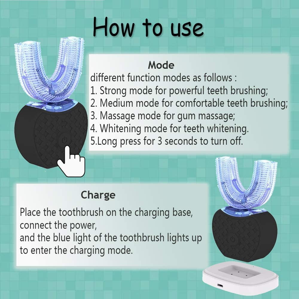 Automatic Toothbrush, Electric 360? Mouth Cleansing Toothbrush for Adults, Ultrasonic U-Shaped Toothbrushes for Teeth Whitening and Gums Protection, Black