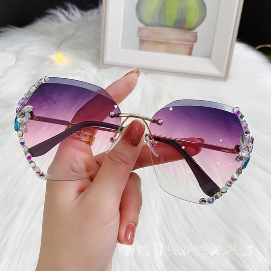 Fashion Diamond rimless Trimmed Sunglasses Women's Fashion Anti UV Slimming Sunglasses