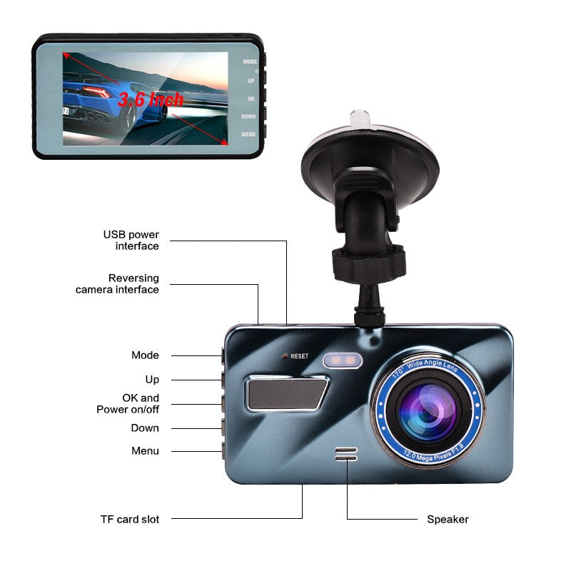 Car black box 3.6 inch recorder double-record HD 1080 night vision reversing image hidden monitoring DVR