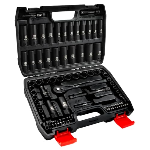 LLNEDL Impact Socket Set 3/8 Drive,95Pcs Deep&Shallow Socket Wrench Set,6 Point Metric&Standard Full |5/16"-3/4",8-22mm| with Spark Plug Socket,72T Ratchet Handle, Screwdriver Set for Automotive&Home