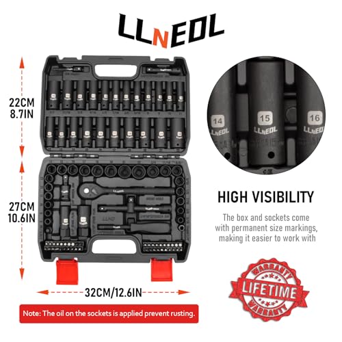 LLNEDL Impact Socket Set 3/8 Drive,95Pcs Deep&Shallow Socket Wrench Set,6 Point Metric&Standard Full |5/16"-3/4",8-22mm| with Spark Plug Socket,72T Ratchet Handle, Screwdriver Set for Automotive&Home