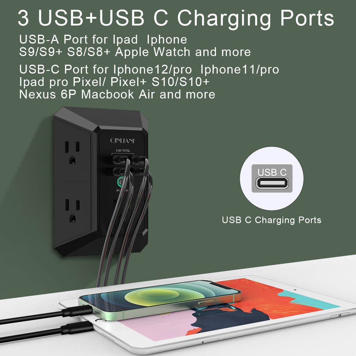 USB Wall Charger, Surge Protector, QINLIANF 5 Outlet Extender with 4 USB Charging Ports (4.8A Total) 3-Sided 1680J Power Strip Multi Plug Outlets Wall Adapter Spaced for Home Travel Office, Black