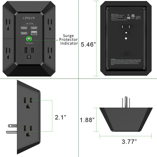 USB Wall Charger, Surge Protector, QINLIANF 5 Outlet Extender with 4 USB Charging Ports (4.8A Total) 3-Sided 1680J Power Strip Multi Plug Outlets Wall Adapter Spaced for Home Travel Office, Black