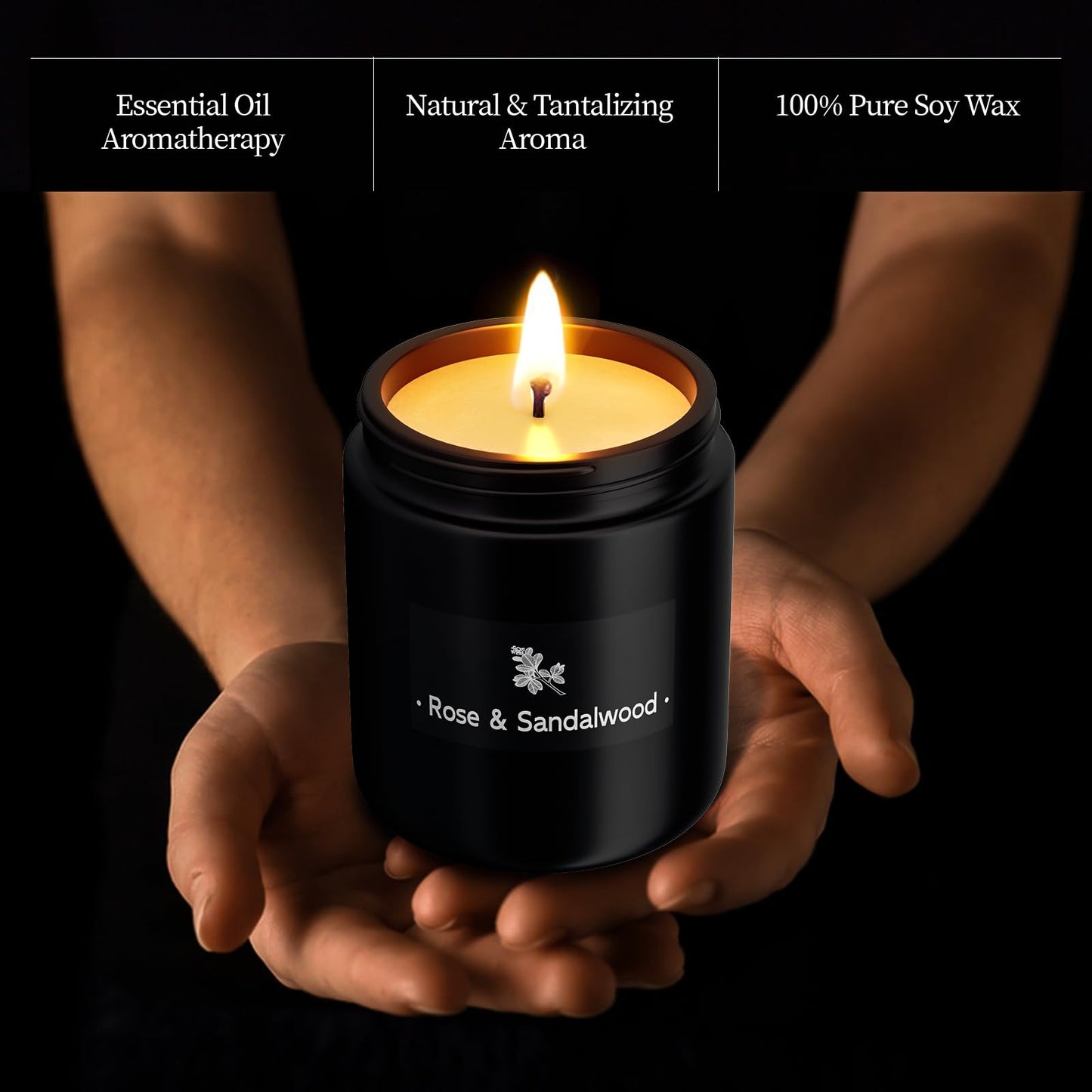 Scented Candles for Home Scented, Strong Fragranced Aromatherapy Candle - 7.6 Oz, 100% Soy Wax - Christmas Candles Scented for Men & Women in Black Jar, Rose & Sandalwood