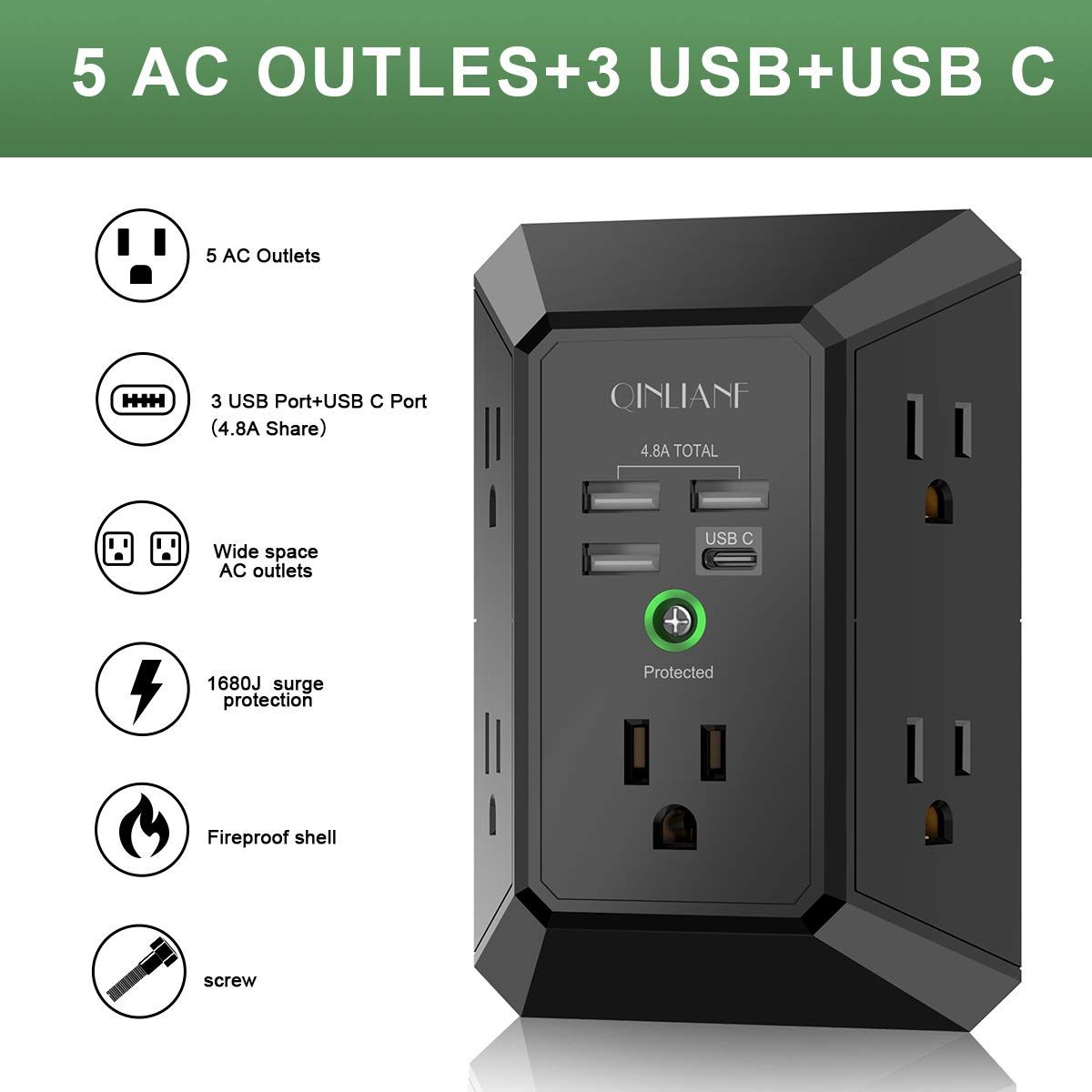 USB Wall Charger, Surge Protector, QINLIANF 5 Outlet Extender with 4 USB Charging Ports (4.8A Total) 3-Sided 1680J Power Strip Multi Plug Outlets Wall Adapter Spaced for Home Travel Office, Black