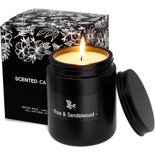 Scented Candles for Home Scented, Strong Fragranced Aromatherapy Candle - 7.6 Oz, 100% Soy Wax - Christmas Candles Scented for Men & Women in Black Jar, Rose & Sandalwood