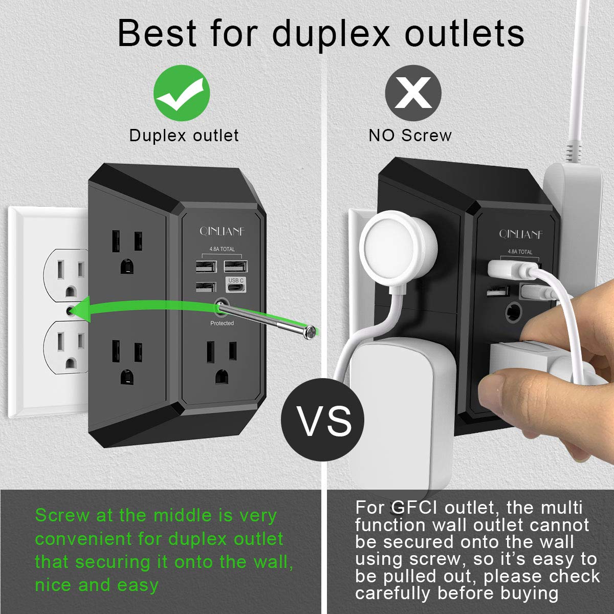 USB Wall Charger, Surge Protector, QINLIANF 5 Outlet Extender with 4 USB Charging Ports (4.8A Total) 3-Sided 1680J Power Strip Multi Plug Outlets Wall Adapter Spaced for Home Travel Office, Black