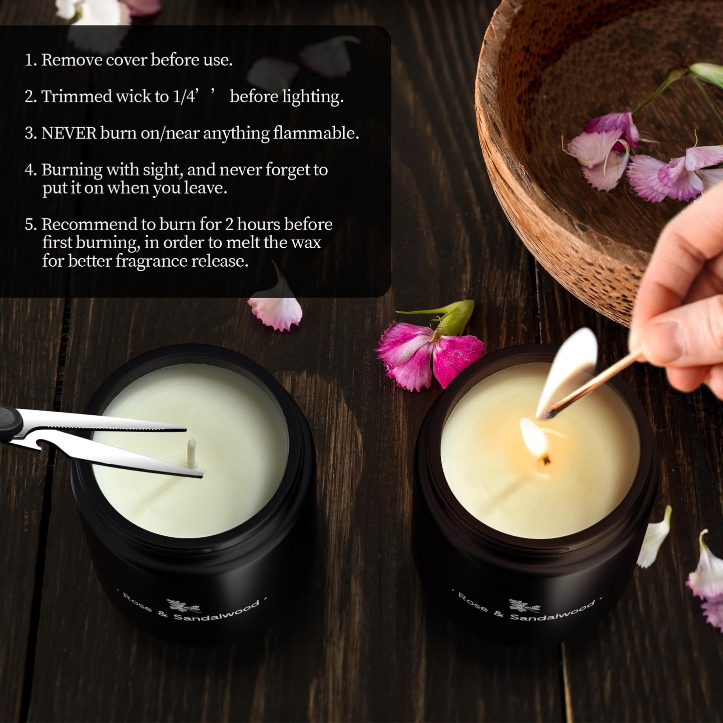 Scented Candles for Home Scented, Strong Fragranced Aromatherapy Candle - 7.6 Oz, 100% Soy Wax - Christmas Candles Scented for Men & Women in Black Jar, Rose & Sandalwood