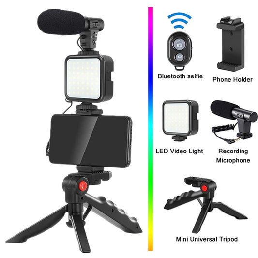 Phone Holder Photography Lighting Smartphone Video Kit Microphone LED Selfie Tripod Recording Handle Portable Stabilizer Bracket