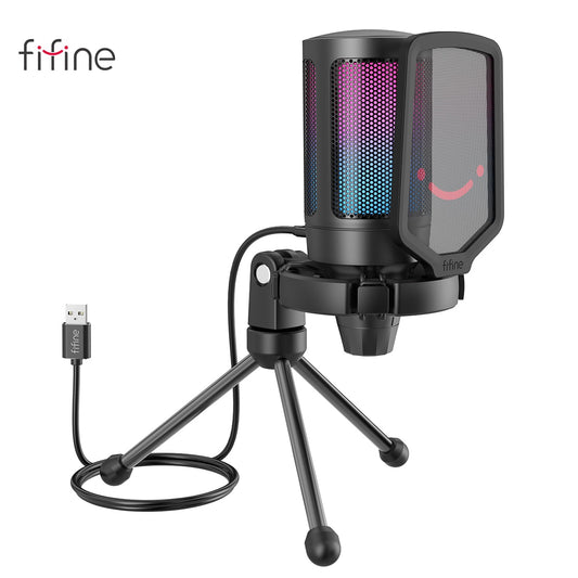 FIFINE USB Condenser Gaming Microphone, for PC PS4 PS5 MAC with Pop Filter Shock Mount&amp;Gain Control for Podcasts,Twitch,YouTube