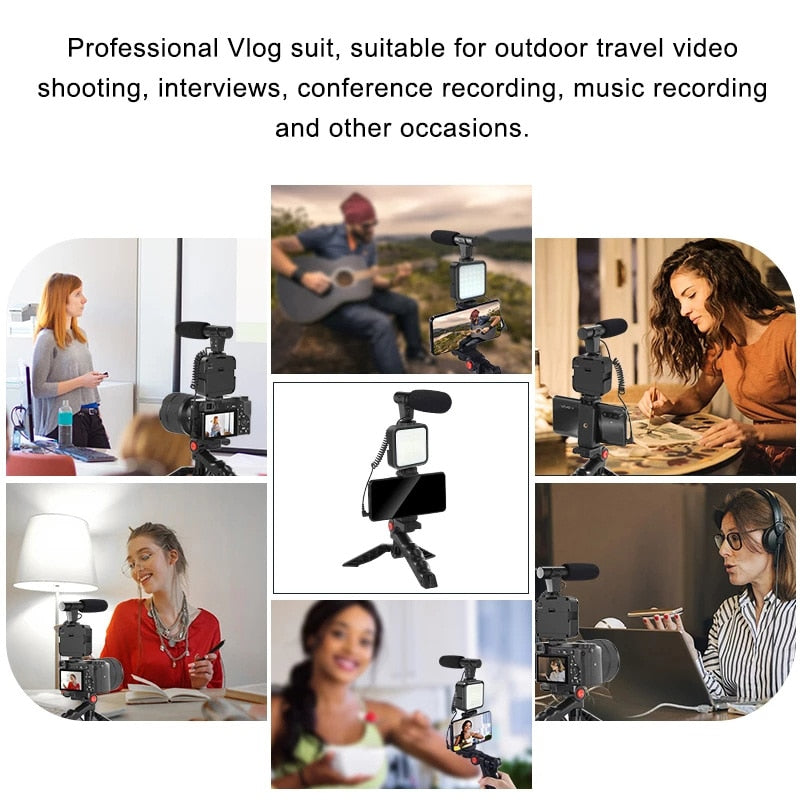 Phone Holder Photography Lighting Smartphone Video Kit Microphone LED Selfie Tripod Recording Handle Portable Stabilizer Bracket