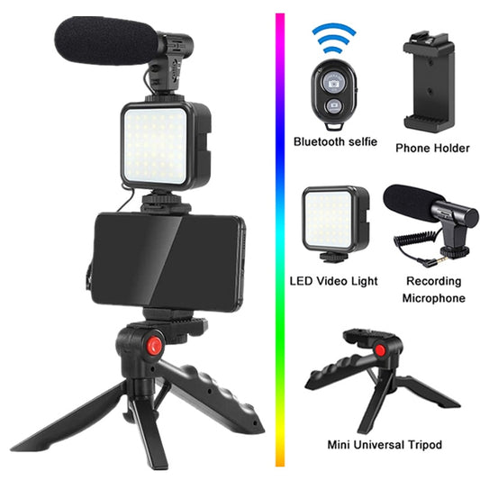 Phone Holder Photography Lighting Smartphone Video Kit Microphone LED Selfie Tripod Recording Handle Portable Stabilizer Bracket