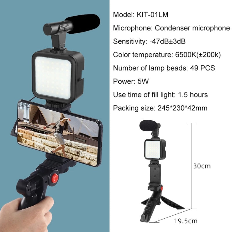 Phone Holder Photography Lighting Smartphone Video Kit Microphone LED Selfie Tripod Recording Handle Portable Stabilizer Bracket