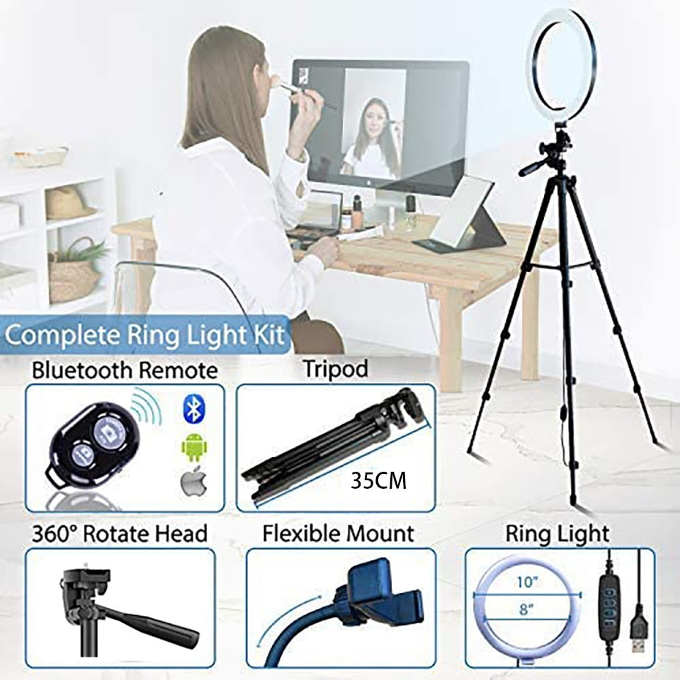 26cm Photo Ringlight Led Selfie Ring Light Phone Remote Control Lamp Photography Lighting With Tripod Stand Holder Youtube Video