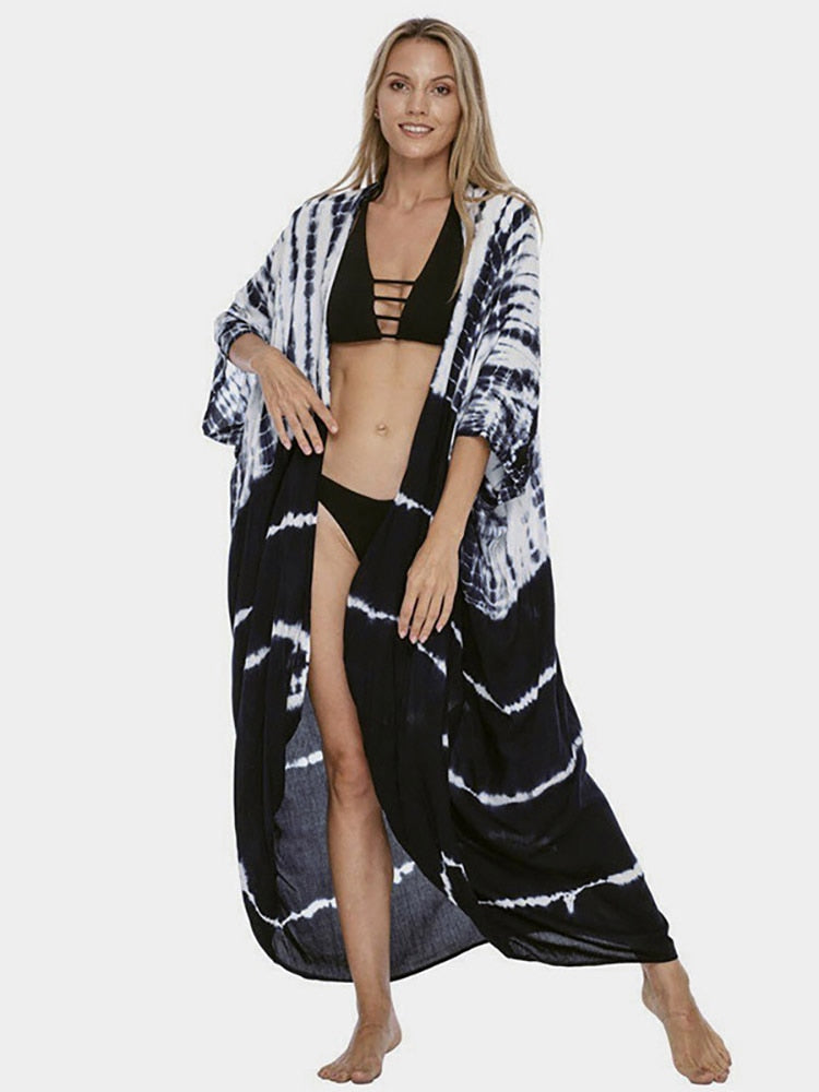 New Boho Retro Striped Plus Size Women Swimsuit Cover Up Summer Outing Sexy Bikini Wrap Beach Dress Beachwear Kimono Pareo