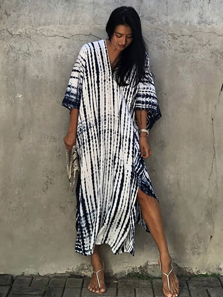 New Boho Retro Striped Plus Size Women Swimsuit Cover Up Summer Outing Sexy Bikini Wrap Beach Dress Beachwear Kimono Pareo