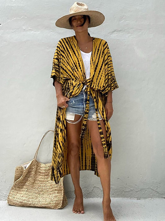 New Boho Retro Striped Plus Size Women Swimsuit Cover Up Summer Outing Sexy Bikini Wrap Beach Dress Beachwear Kimono Pareo