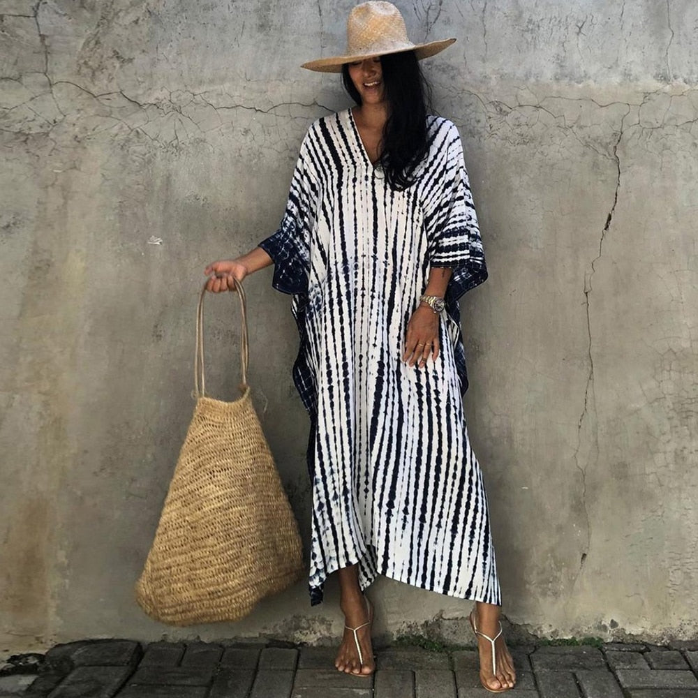 New Boho Retro Striped Plus Size Women Swimsuit Cover Up Summer Outing Sexy Bikini Wrap Beach Dress Beachwear Kimono Pareo