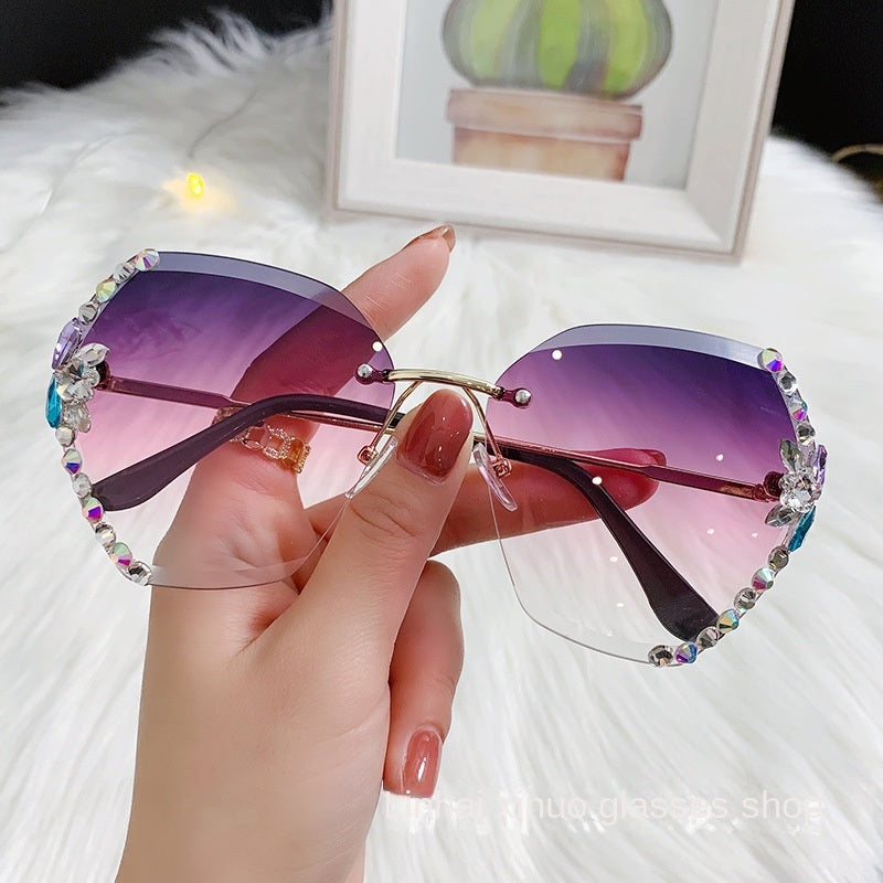 Fashion Diamond rimless Trimmed Sunglasses Women's Fashion Anti UV Slimming Sunglasses