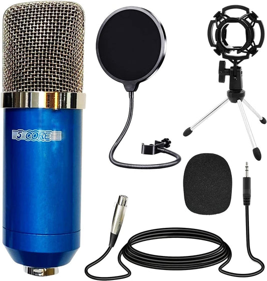 XLR Microphone Condenser Mic for Computer Gaming; Podcast Tripod Stand Kit for Streaming; Recording; Vocals; Voice; Cardioids Studio Microphone 5 Core RM 7 BLU