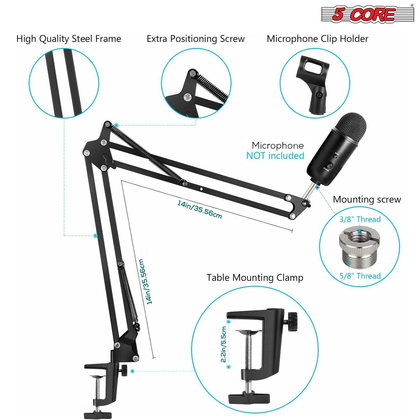 5 CORE XLR Microphone Condenser Mic w/Microphone ARM for Computer Gaming; Podcast; Tripod Stand Kit for Streaming; Recording; Vocals; Voice; Cardioids Studio Microphone RM 7 BG