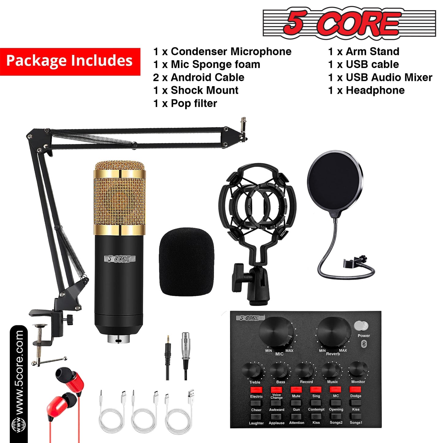 Microphone Condenser Mic for Computer Gaming; Podcast Tripod Stand Kit for Streaming; Recording; Vocals; Voice; Cardioids Studio Microphone 5 Core