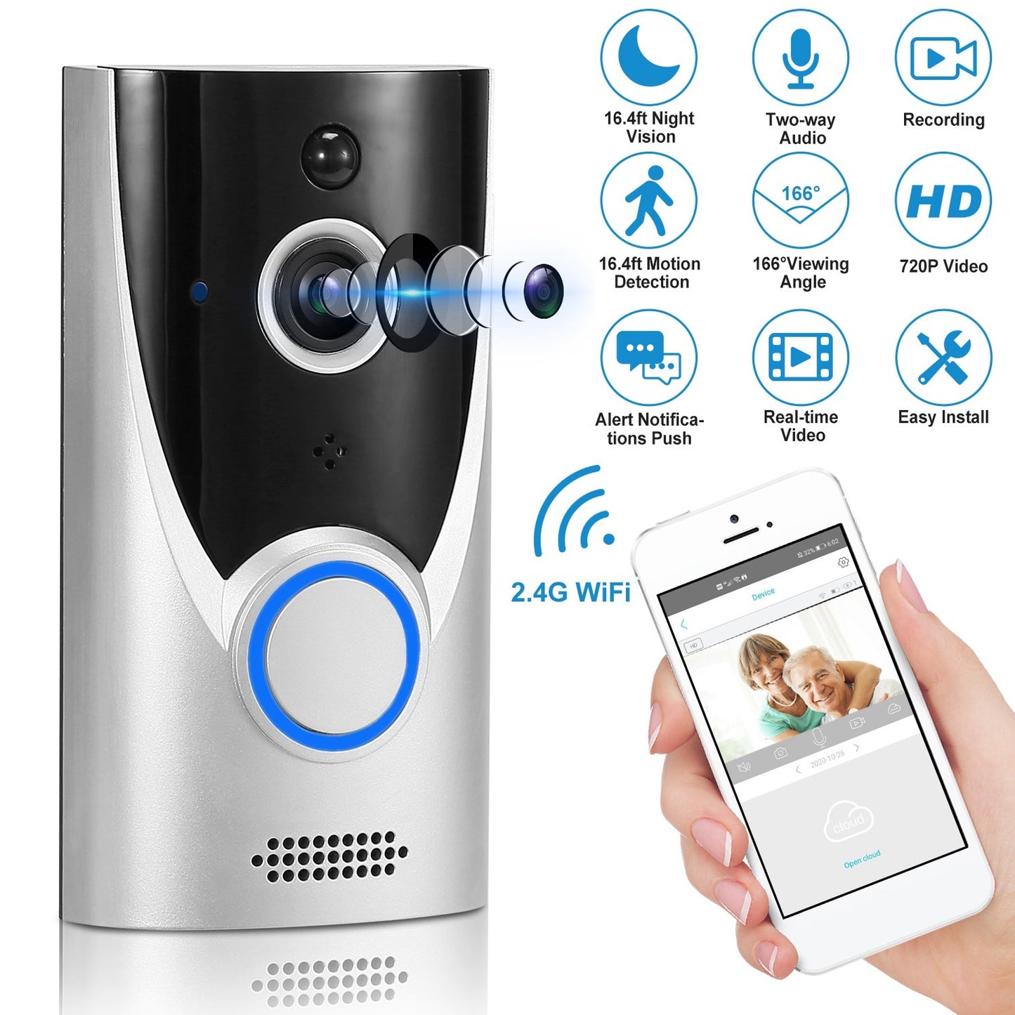 WiFi Video Doorbell Wireless Door Bell 720P HD WiFi Security Camera