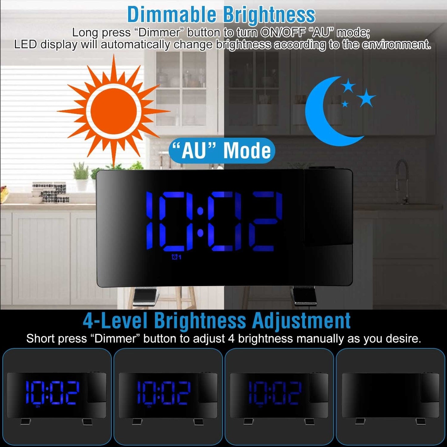 Projection Alarm Clock with Radio Function 7.7In Curved-Screen LED Digital Alarm Clock w/ Dual Alarms 4 Dimmer 12/24 Hour