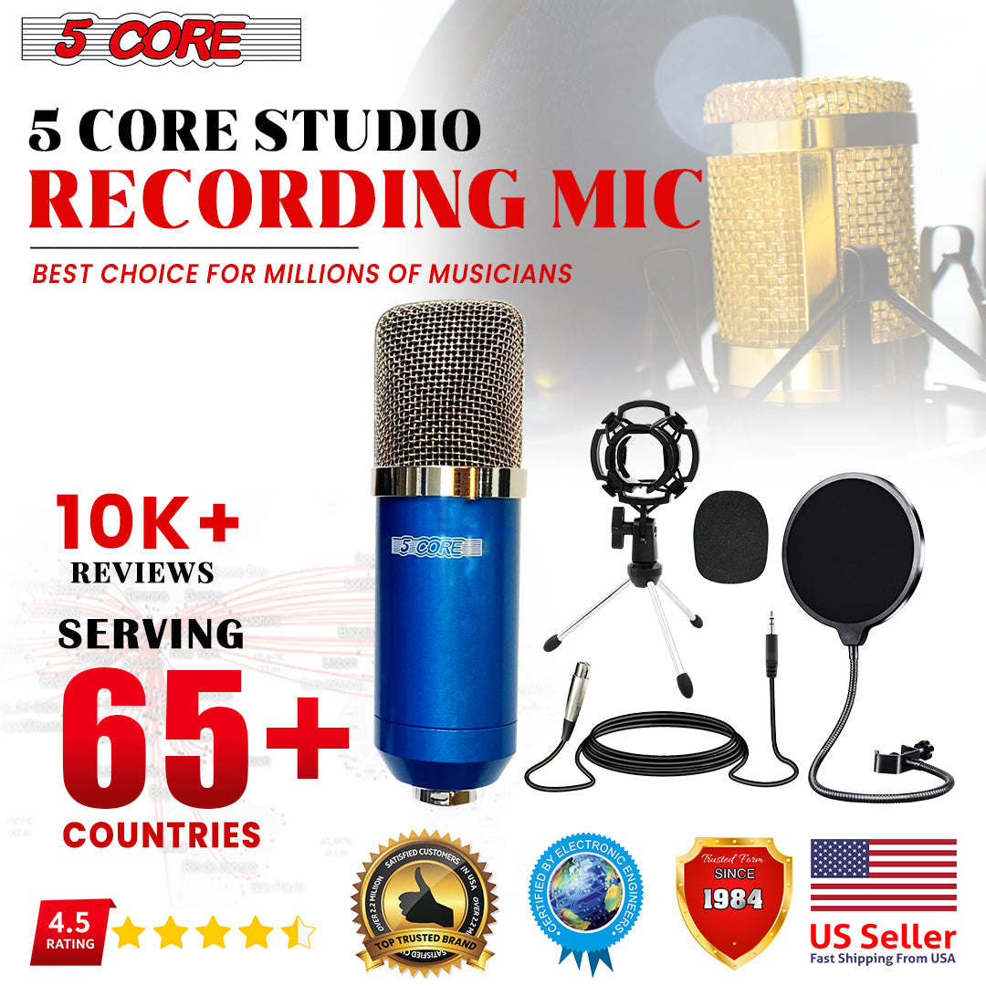 XLR Microphone Condenser Mic for Computer Gaming; Podcast Tripod Stand Kit for Streaming; Recording; Vocals; Voice; Cardioids Studio Microphone 5 Core RM 7 BLU