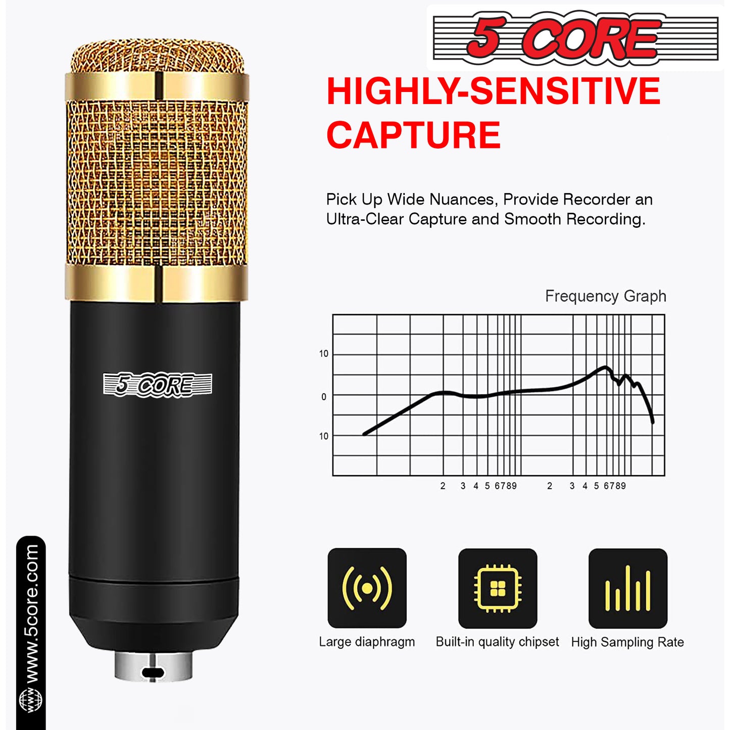 Microphone Condenser Mic for Computer Gaming; Podcast Tripod Stand Kit for Streaming; Recording; Vocals; Voice; Cardioids Studio Microphone 5 Core