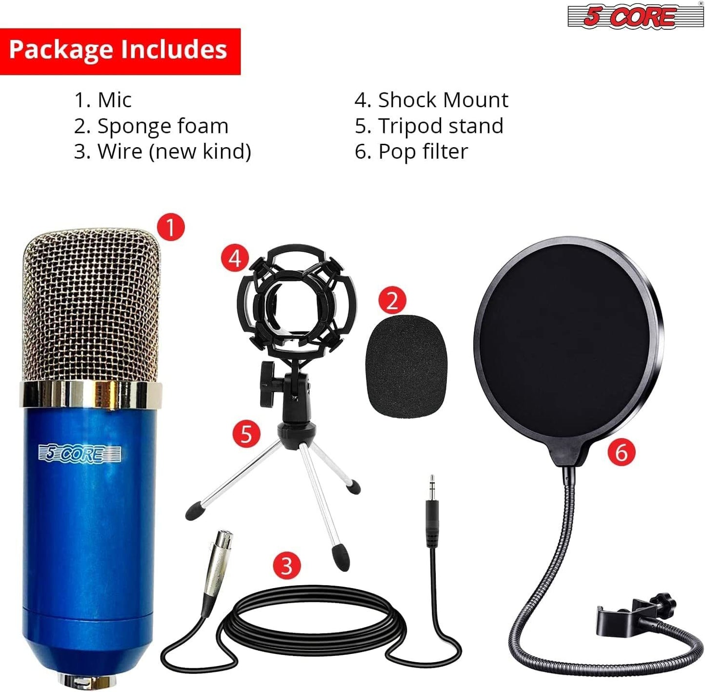 XLR Microphone Condenser Mic for Computer Gaming; Podcast Tripod Stand Kit for Streaming; Recording; Vocals; Voice; Cardioids Studio Microphone 5 Core RM 7 BLU