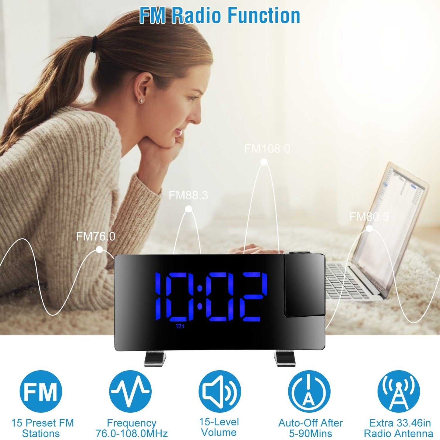 Projection Alarm Clock with Radio Function 7.7In Curved-Screen LED Digital Alarm Clock w/ Dual Alarms 4 Dimmer 12/24 Hour