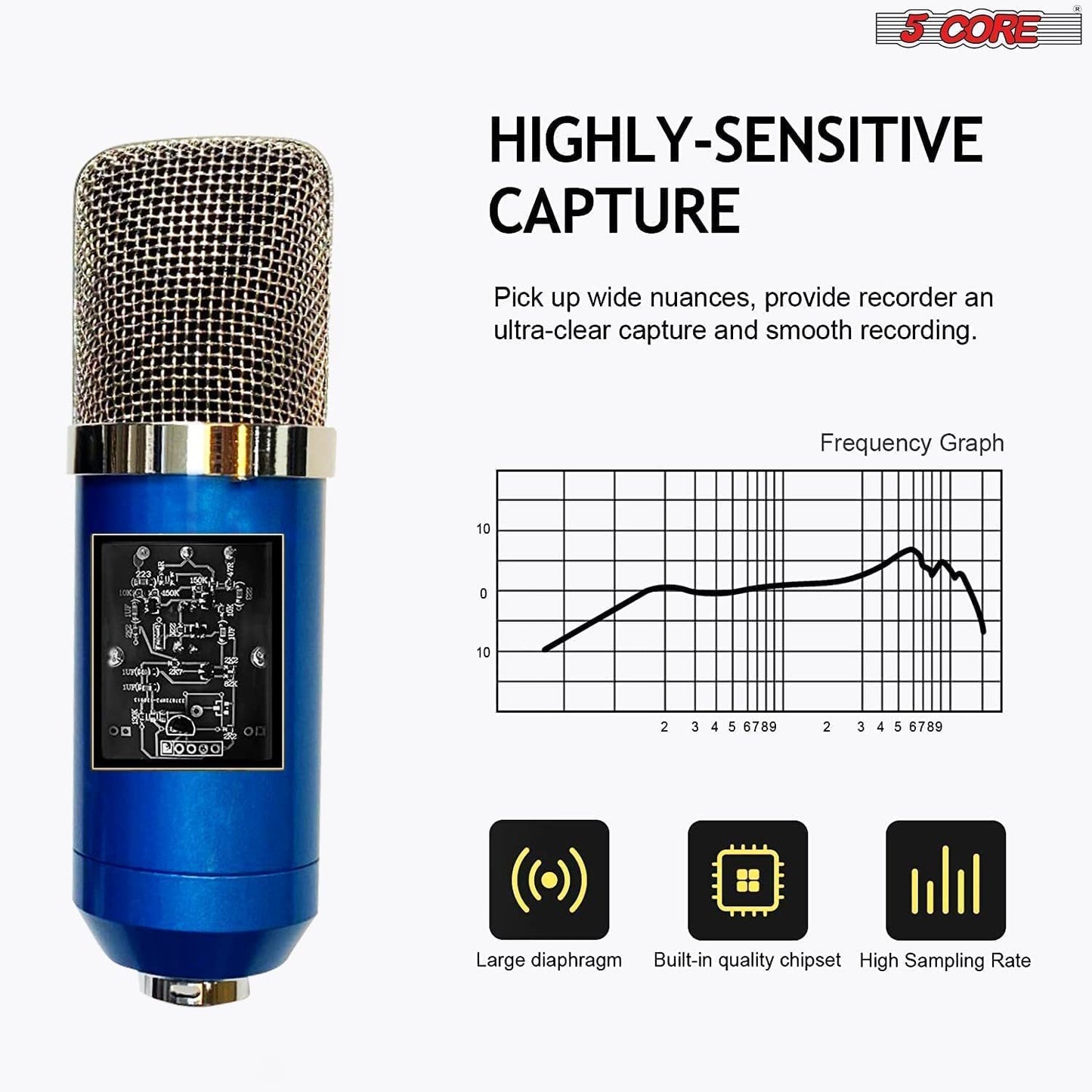 XLR Microphone Condenser Mic for Computer Gaming; Podcast Tripod Stand Kit for Streaming; Recording; Vocals; Voice; Cardioids Studio Microphone 5 Core RM 7 BLU