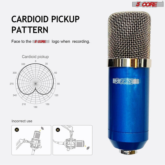 XLR Microphone Condenser Mic for Computer Gaming; Podcast Tripod Stand Kit for Streaming; Recording; Vocals; Voice; Cardioids Studio Microphone 5 Core RM 7 BLU