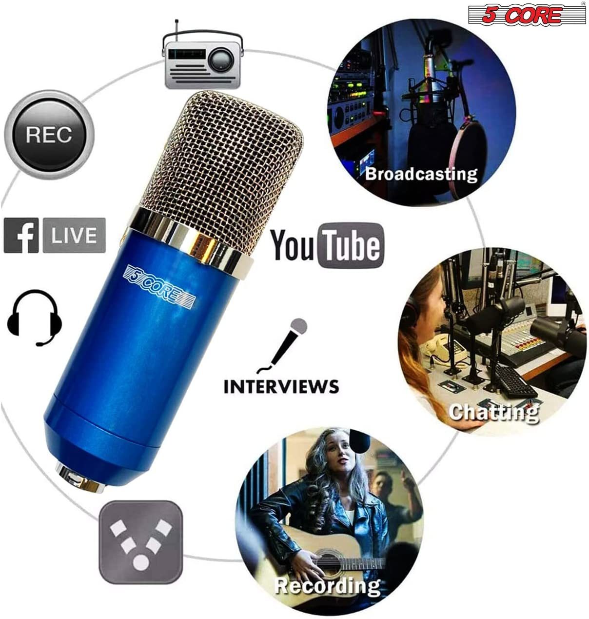 XLR Microphone Condenser Mic for Computer Gaming; Podcast Tripod Stand Kit for Streaming; Recording; Vocals; Voice; Cardioids Studio Microphone 5 Core RM 7 BLU