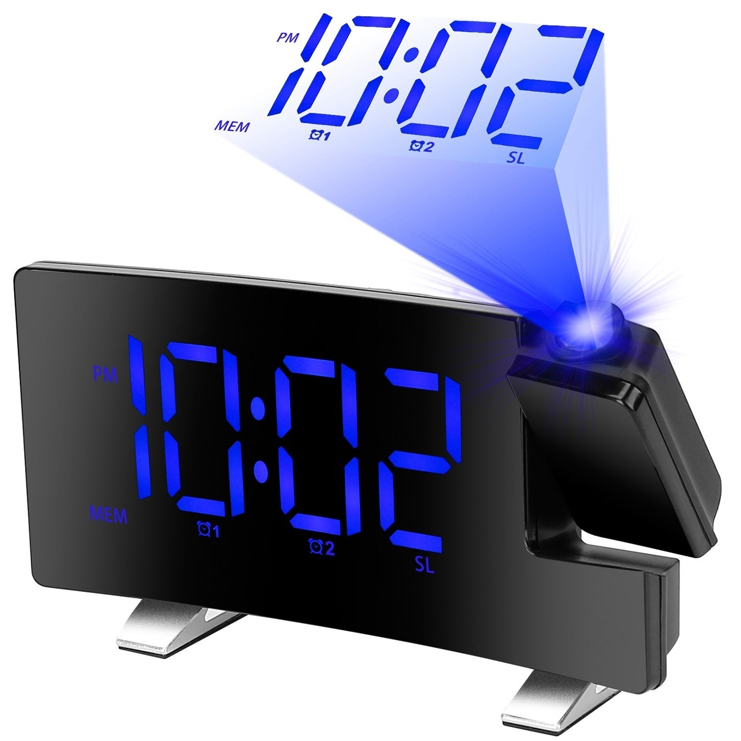 Projection Alarm Clock with Radio Function 7.7In Curved-Screen LED Digital Alarm Clock w/ Dual Alarms 4 Dimmer 12/24 Hour