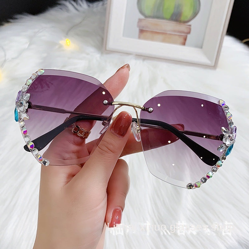 Fashion Diamond rimless Trimmed Sunglasses Women's Fashion Anti UV Slimming Sunglasses