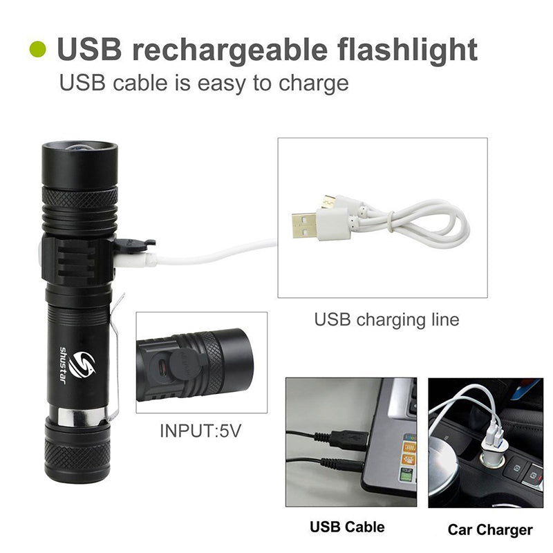 Ultra Bright LED Flashlight With XP-L V6 LED lamp beads Waterproof Torch Zoomable 4 lighting modes Multi-function USB charging