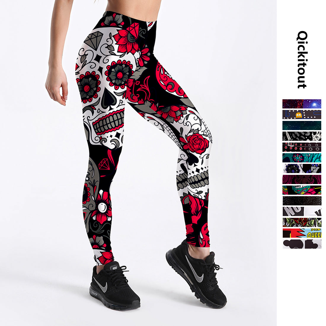 Qickitout 12% Spandex Fashion Cartoon Ice Cream God Horse Skull Digital Printed Legging Womens Star Stretch Pants