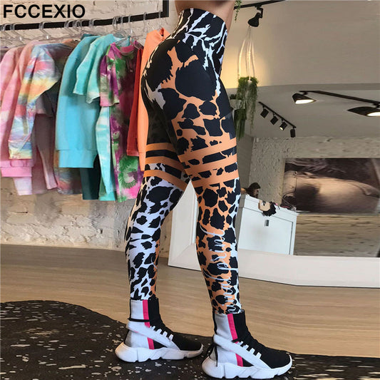 FCCEXIO Leopard Stripe 3D Print Women&#39;s Pants Push Up Running Sports Leggings Slim Pants Female Casual Trousers Fitness Leggings