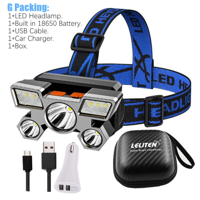 Drop Shipping 5LED With Built-in 18650 Battery USB Rechargeable Portable Flashlight Lantern Headlamp Outdoor Camping Headlight