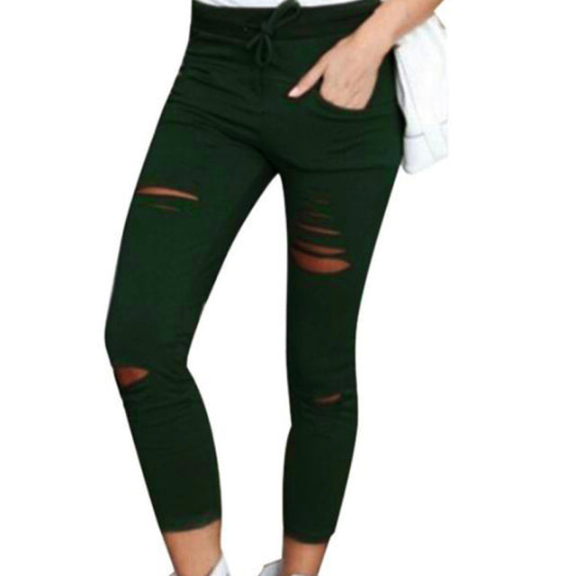 Plus Size Solid Color Drawstring High Waist Pencil Pants Ripped Skinny Leggings Elastic Sexy Skinny Thin-Section Pants For Women