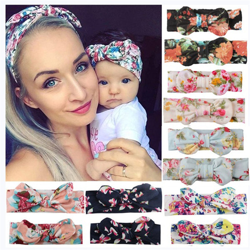 2Pcs/Set Mom &amp; Baby Headbands Mother Newborn Turban Headwear Bows Hairband Floral Parent-Child Hair Accessories Girls Haarband