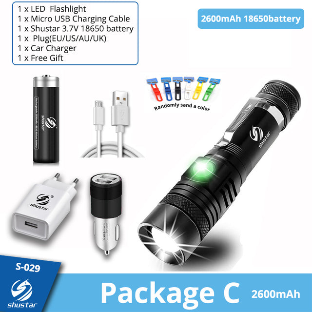 Ultra Bright LED Flashlight With XP-L V6 LED lamp beads Waterproof Torch Zoomable 4 lighting modes Multi-function USB charging